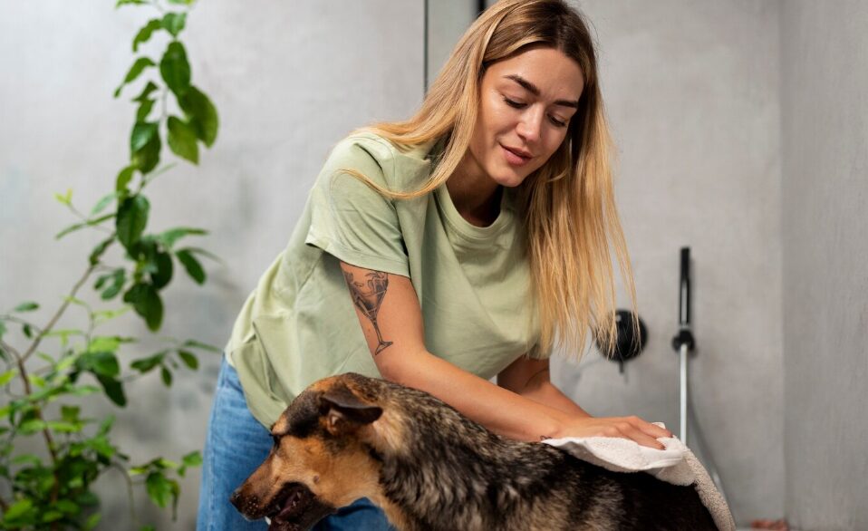 a woman washing a dog